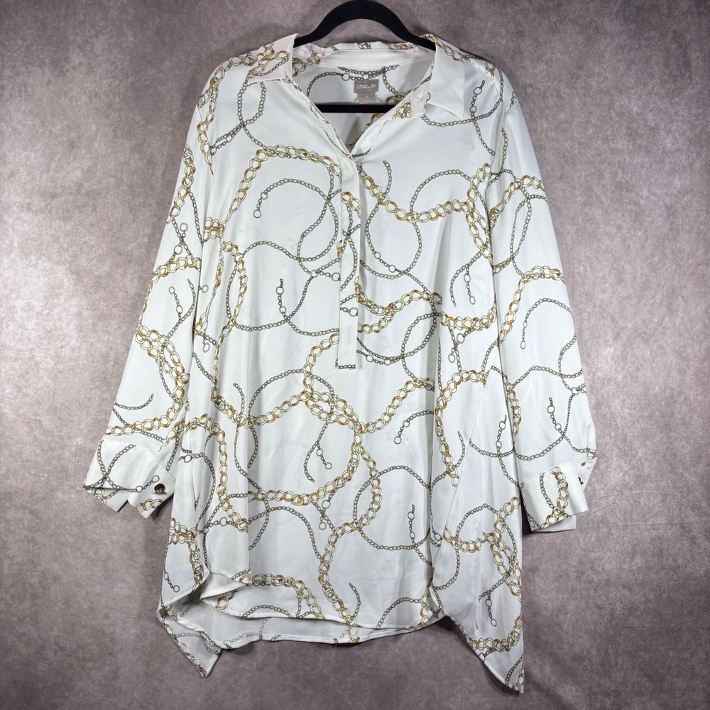 Chico's Blouse Womens 2 US Large White Gold Chain Print Tunic Long Sleeve Career